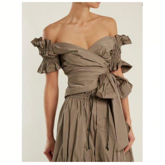 JONATHAN SIMKHAI  Taffeta Ruffle Wrap Tie Off Shoulder Cap Sleeves Crop Top - Picture 2 of 7